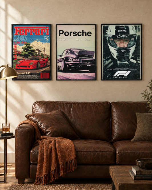 Pit Lane set of 3 framed car posters on a living room wall