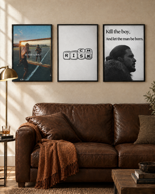 Mindset set of 3 framed motivational posters on a living room wall