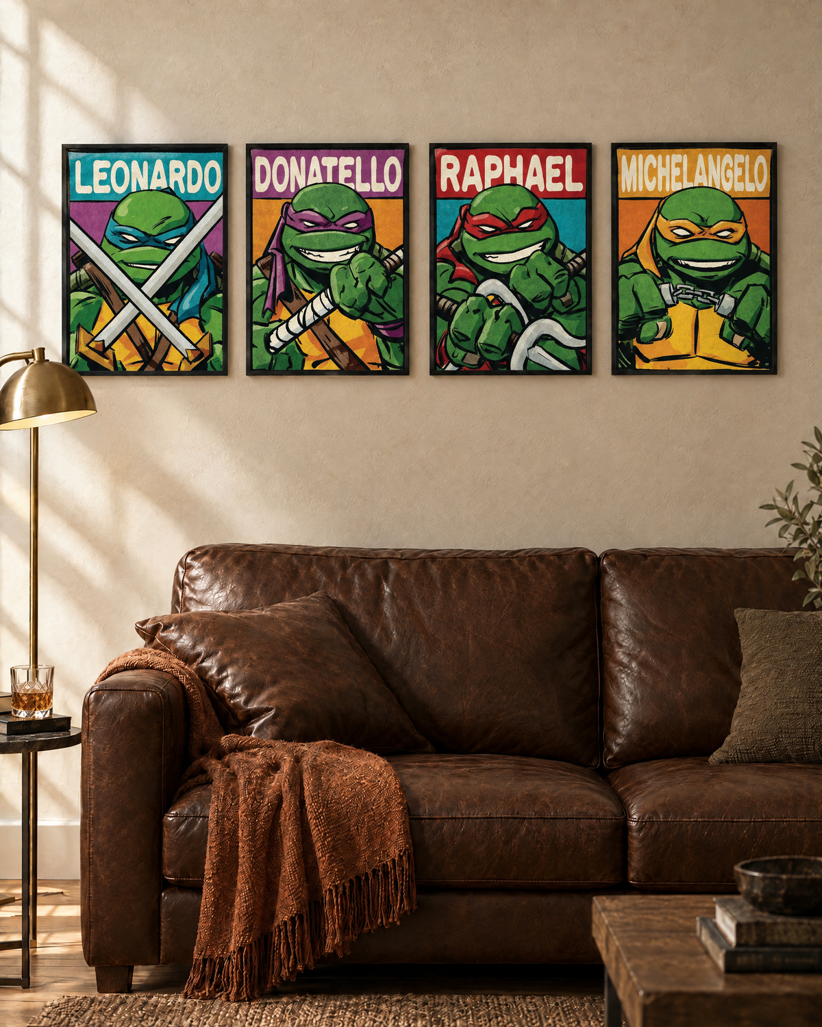 Cowabunga set of 4 framed posters on a living room wall